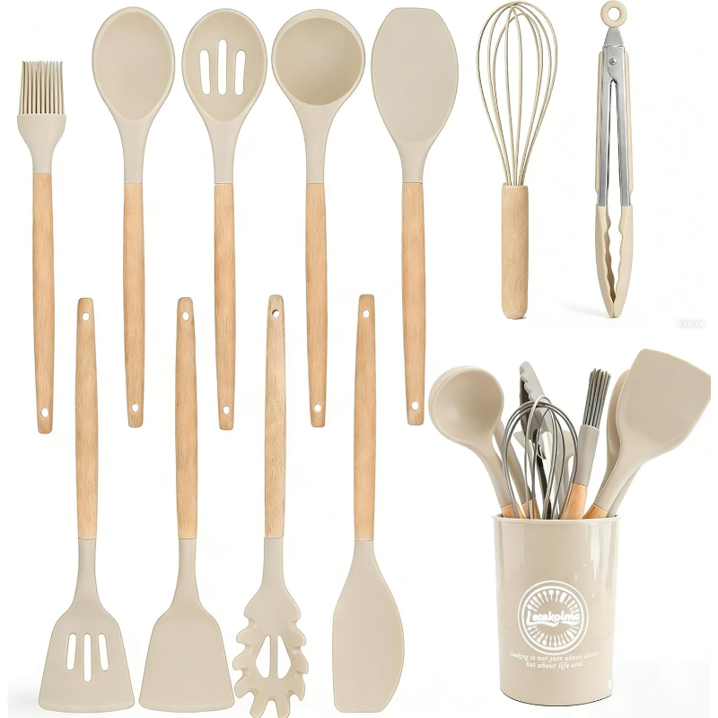 Kitchen Gadgets And Appliances - Wooden Handle Silicone Kitchen Utensils Set
